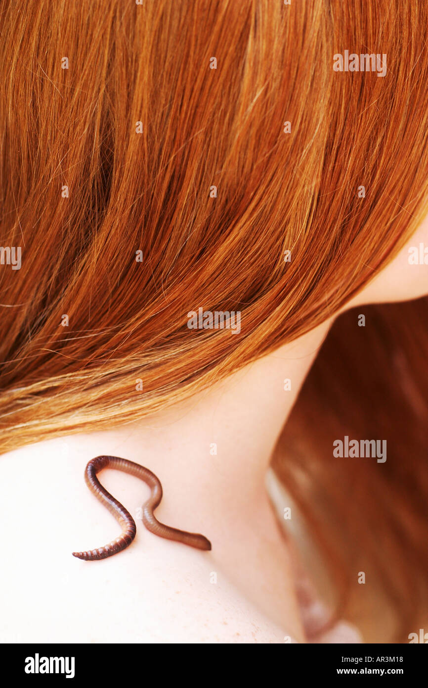 Rainworm come la lettera greca omega che strisciano sulla spalla di donna con lunghi capelli rossi Foto Stock