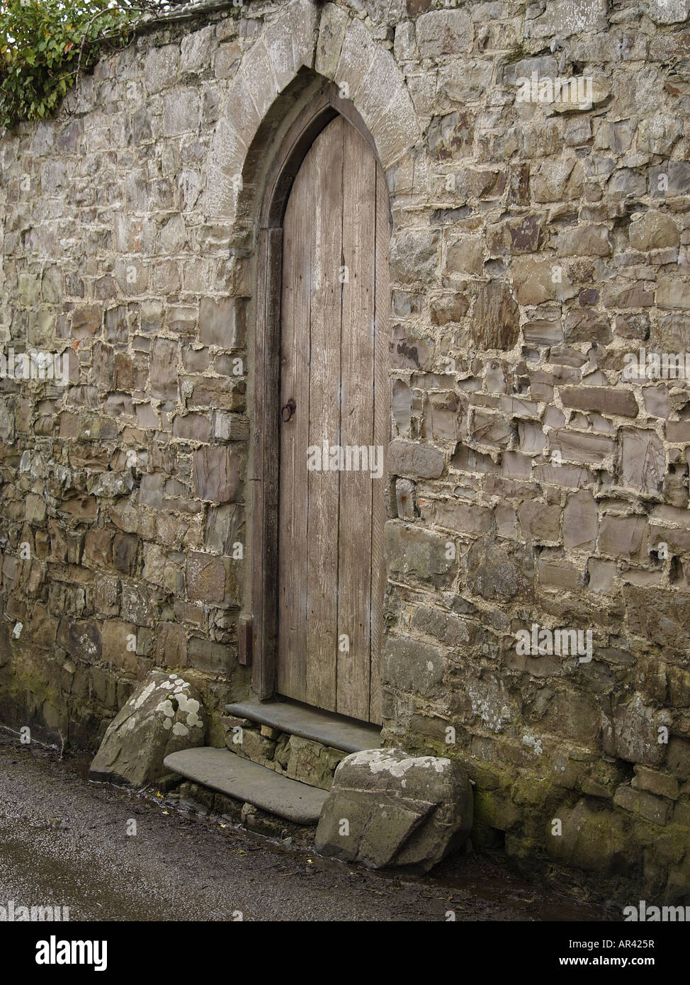 Portale ad arco e la porta di legno di un walled garden Foto Stock