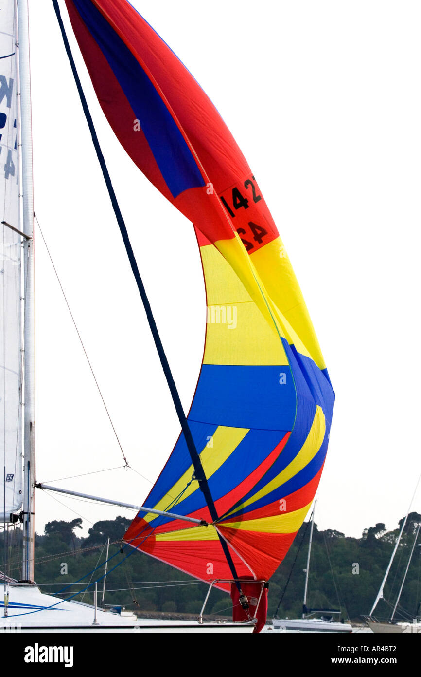 Un colouful spinnaker con assortimento di colori luminosi ondeggianti nel vento. Foto Stock