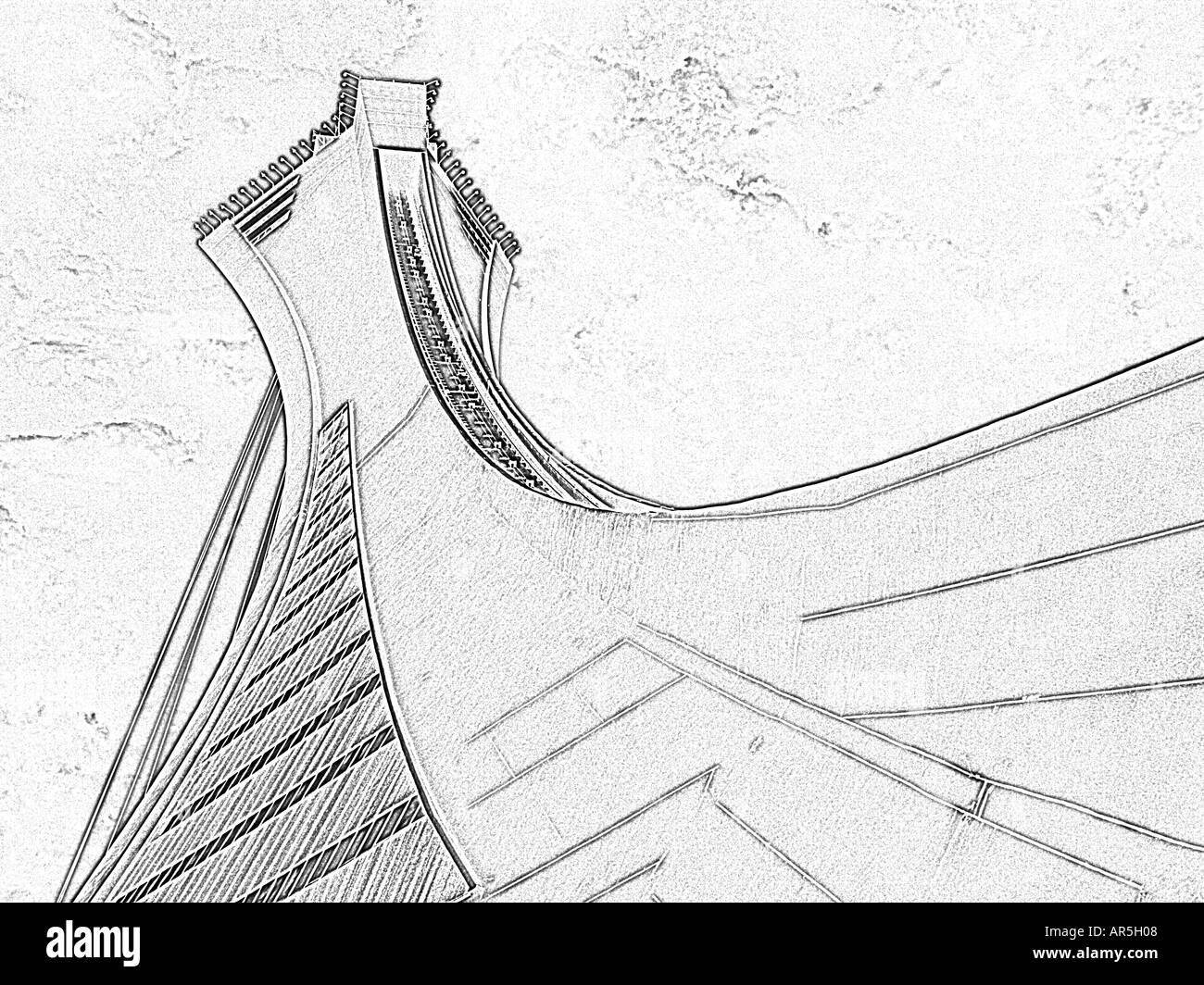 Olympic Tower nel Parco Olimpico di Montreal Québec Canada il rendering come un disegno a carboncino o disegno a matita Foto Stock