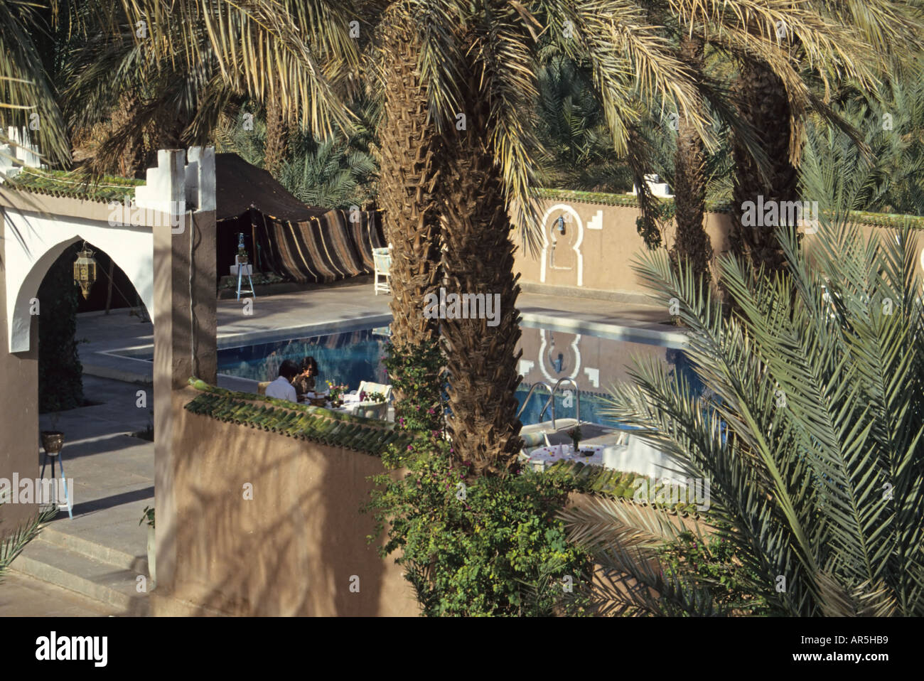 La piscina e le palme in Marocco, Africa del Nord Foto Stock