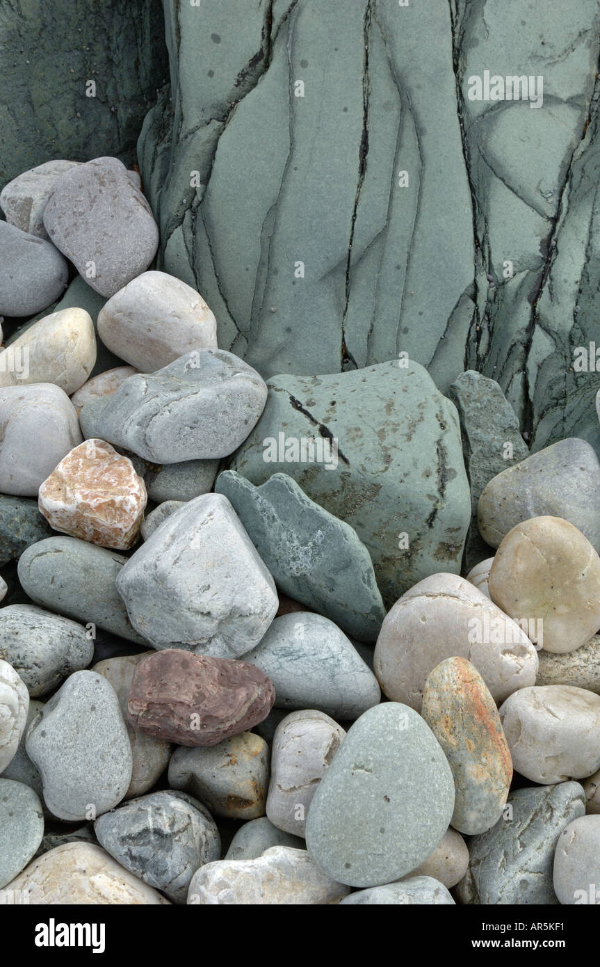Dettaglio delle rocce e ciottoli, Riva del Vargsundet, vicino a Hammerfest, Norvegia Foto Stock
