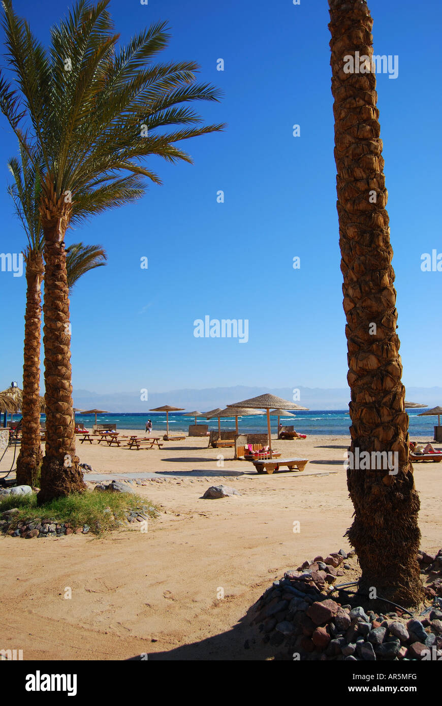 Vista della spiaggia, l'Hotel Sofitel Taba Heights, Taba Heights, Penisola del Sinai, Repubblica di Egitto Foto Stock