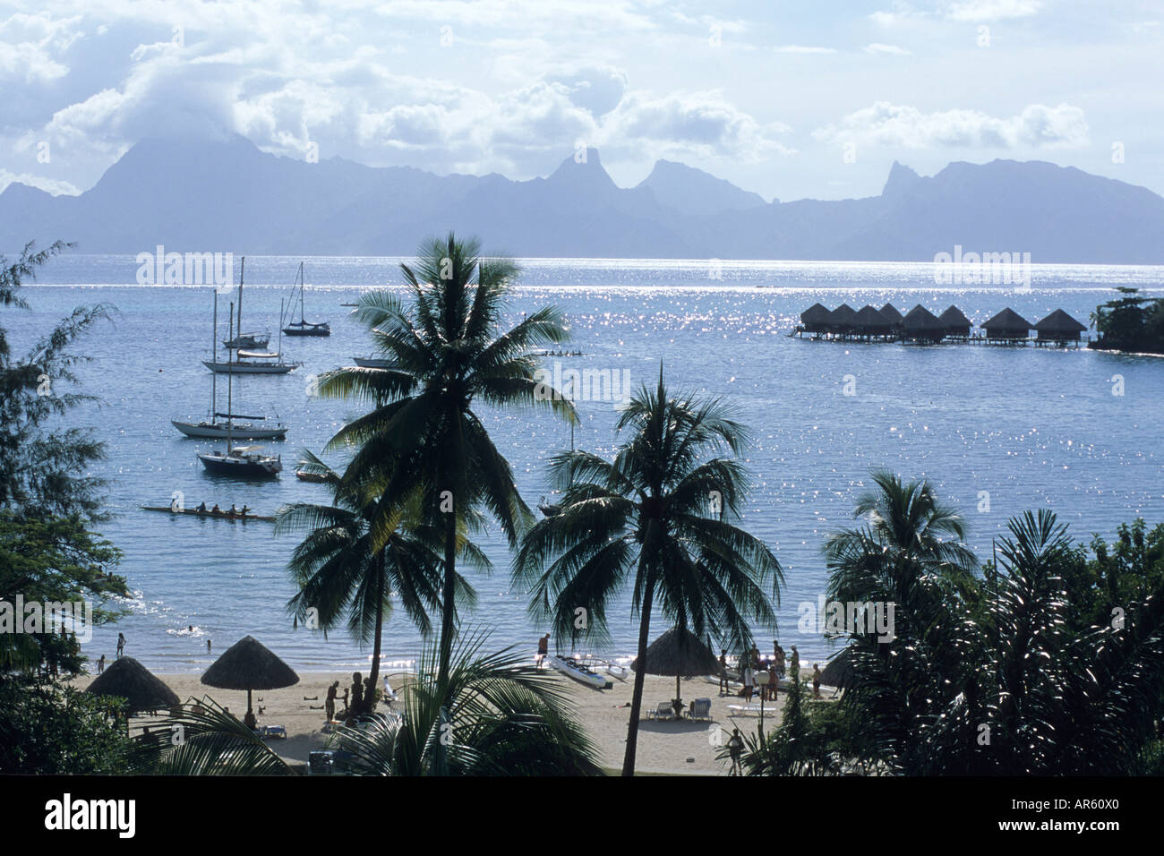 Gli alberi di cocco, Yacht & Moorea, vista dal Sofitel Maeva Beach Resort, Tahiti, Polinesia Francese Foto Stock