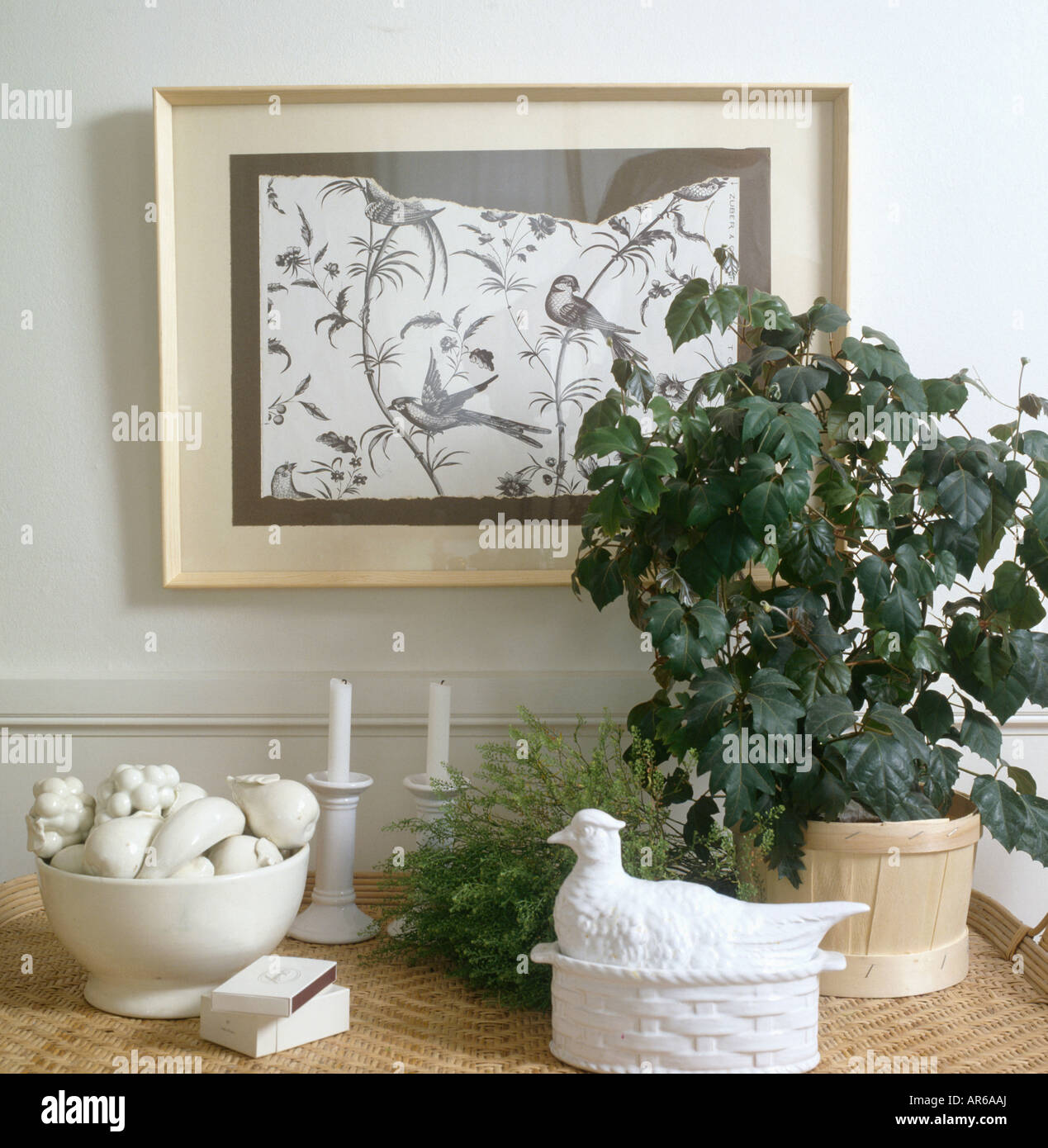 Immagine in bianco e nero sopra la tabella con l'uva ivy houseplant e collezione di porcellana bianca ornamenti Foto Stock