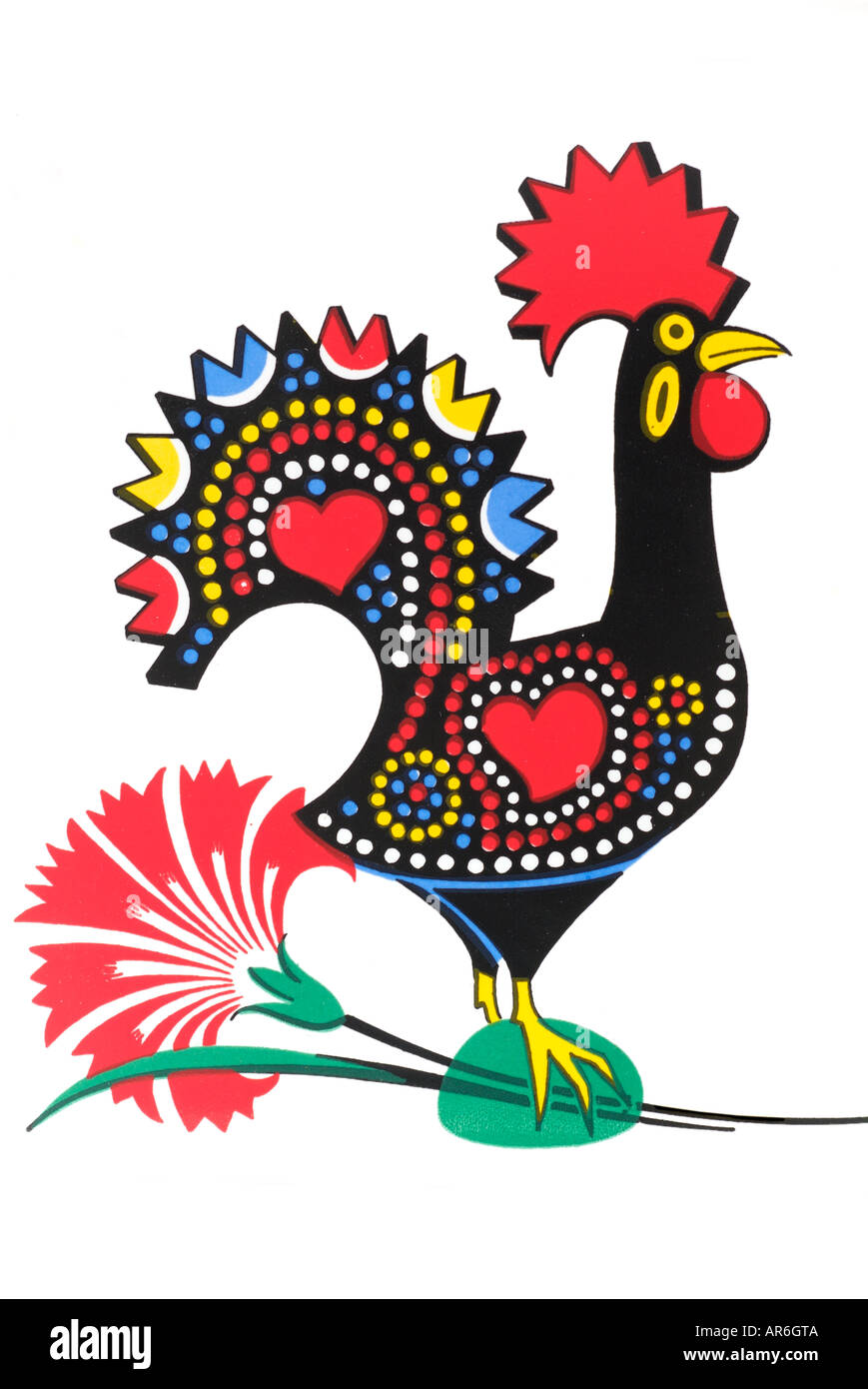 Galletto Barcelos quadrato in ceramica smaltata della piastrella quadrata rossa bianco nero Portogallo portoghese vita verticale Foto Stock