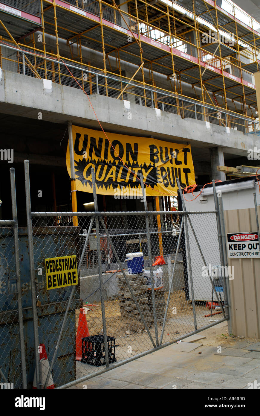 Unione banner sul sito di costruzione a Perth, Western Australia Foto Stock