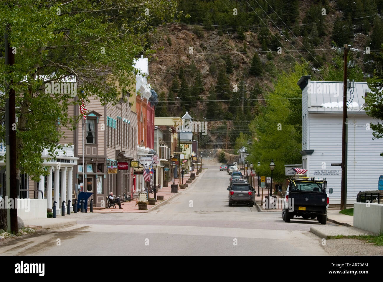 La strada principale del centro storico di Georgetown Colorado Foto Stock