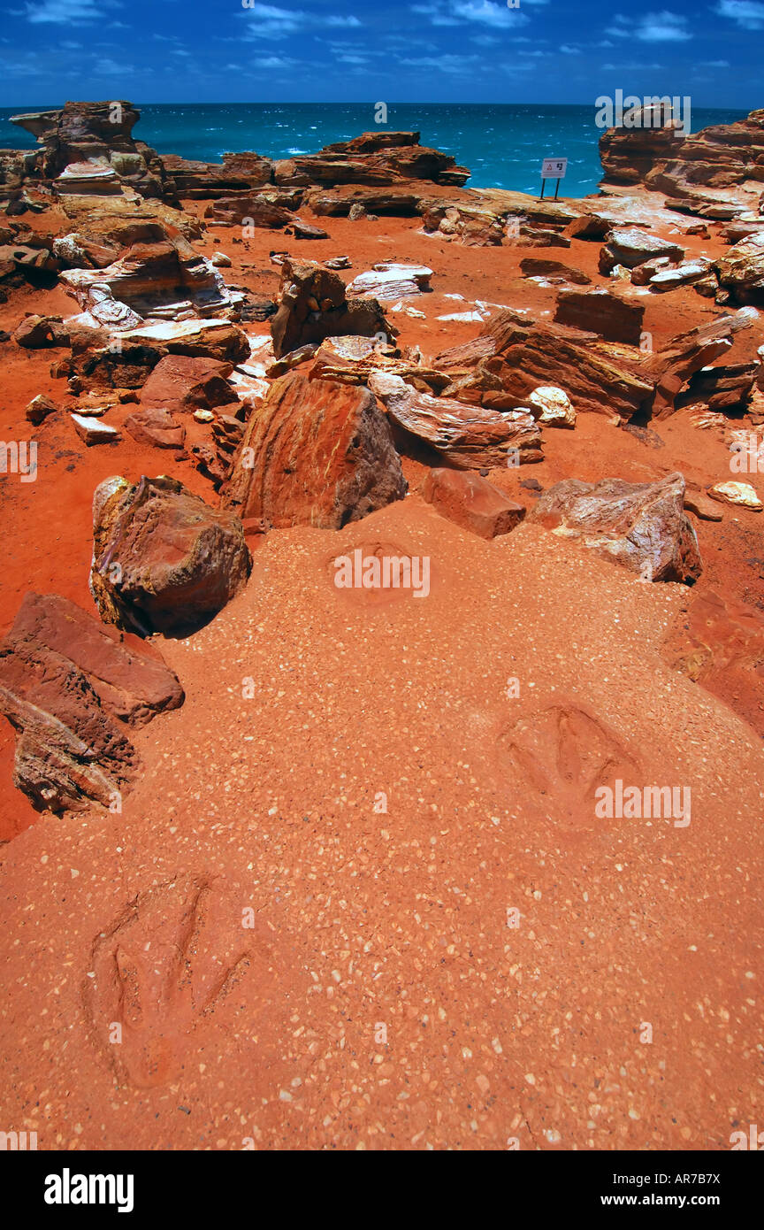 Replica di orme di dinosauri a Gantheaume Point Broome Australia Occidentale Foto Stock