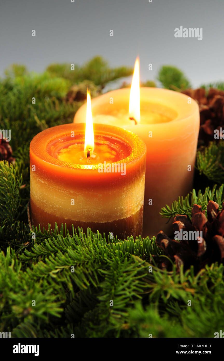 Candele verdi accese festive con rami di abete