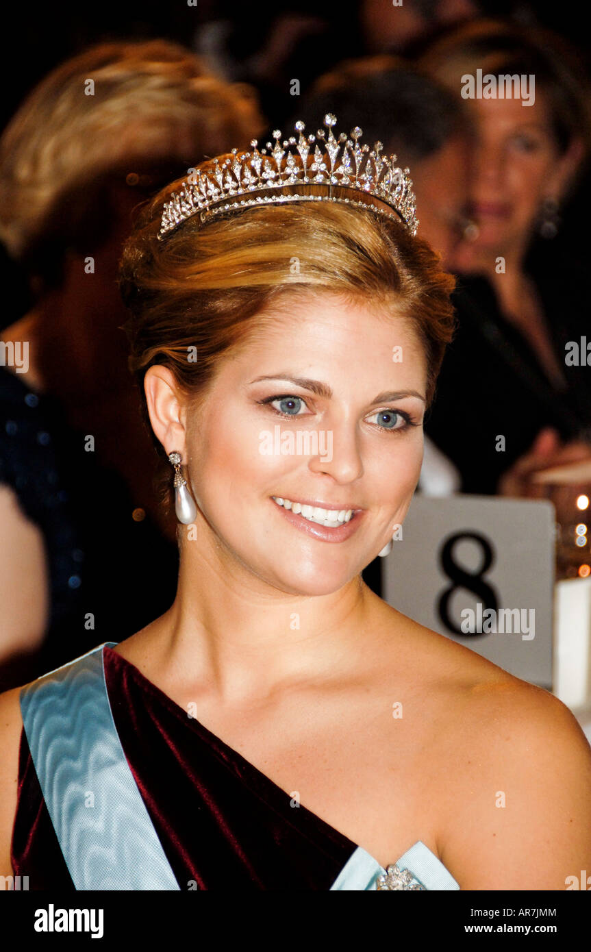 Swedish Princess Madeleine durante la cena di gala in onore del Premi Nobel nella Sala blu nel Municipio di Stoccolma Foto Stock