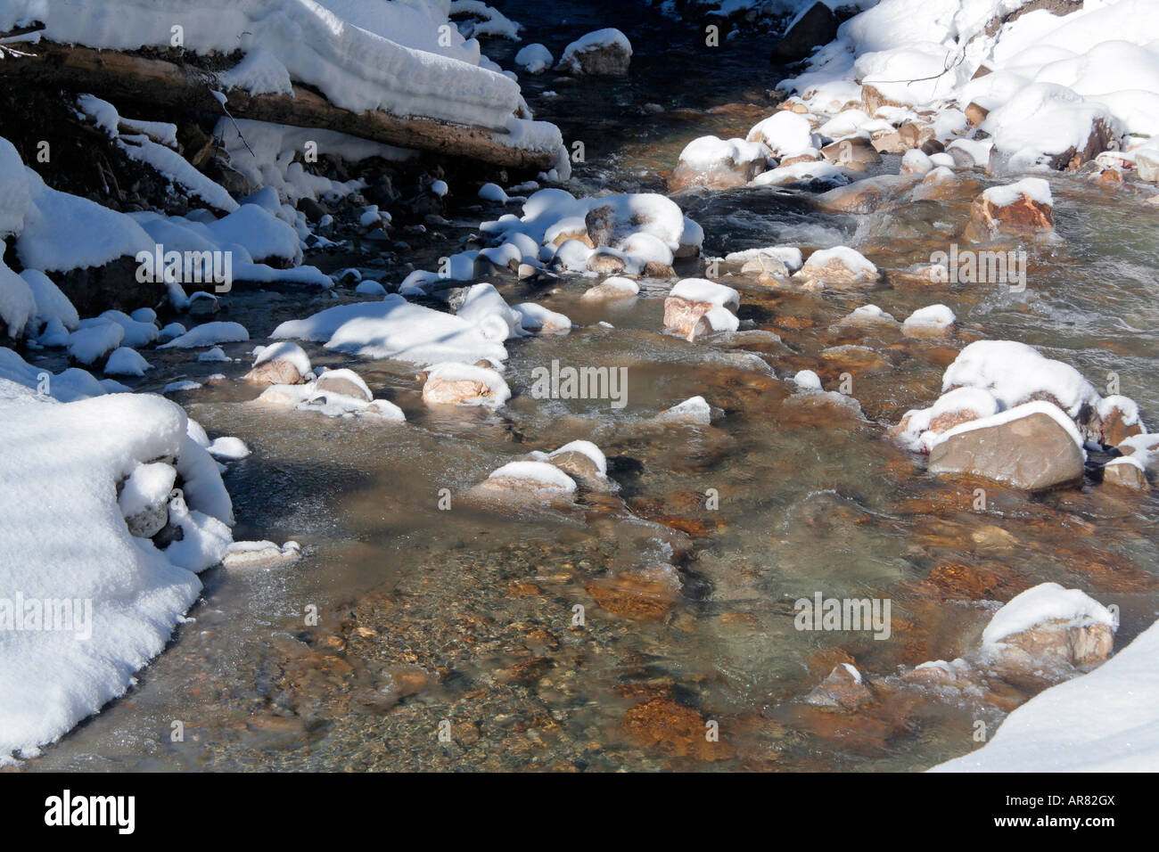 Pietre miliari nella neve di un fiume che scorre in inverno Steinbachtal vicino Lenggries Baviera Germania Europa Foto Stock