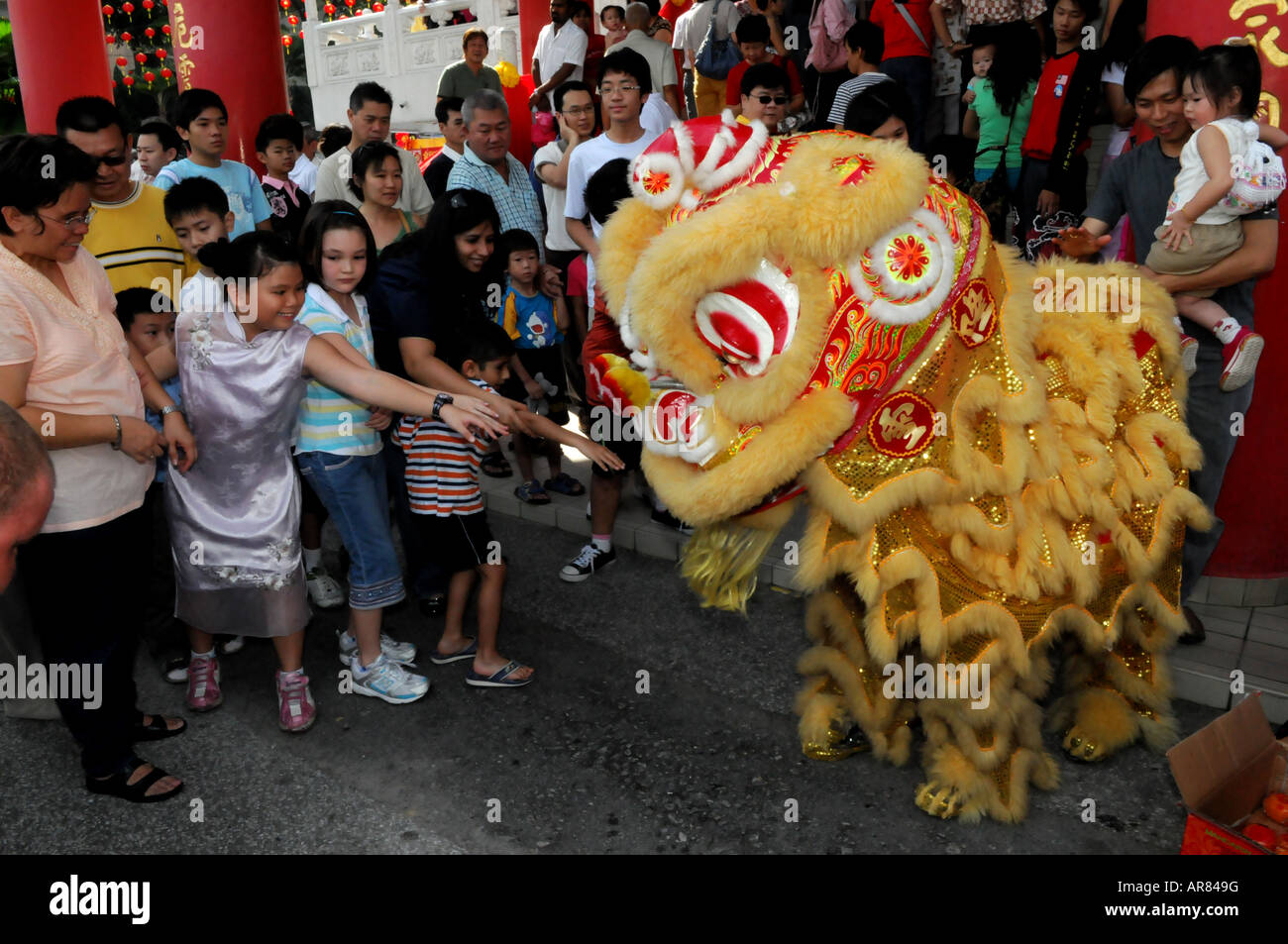 Bambini Apprenhive spennare fino il coraggio di toccare la testa leone durante una danza leone durante il nuovo anno cinese in Malaysia Foto Stock