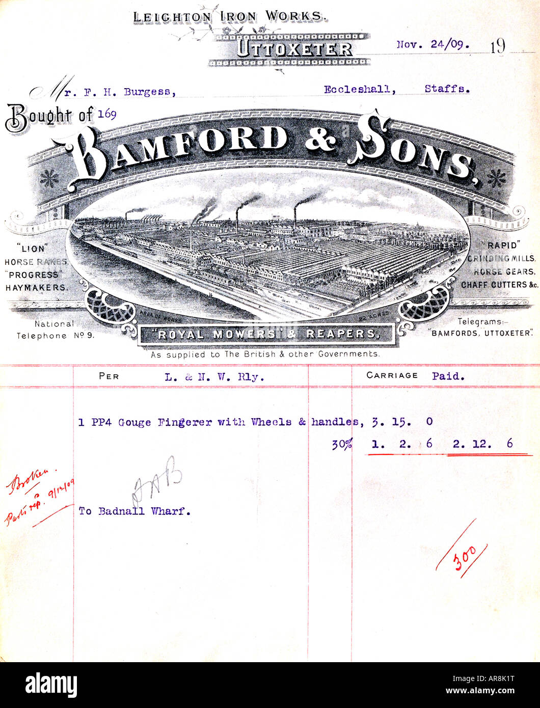 Fattura da Bamfords & Sons Uttoxeter Staffordshire 1909 per solo uso editoriale Foto Stock