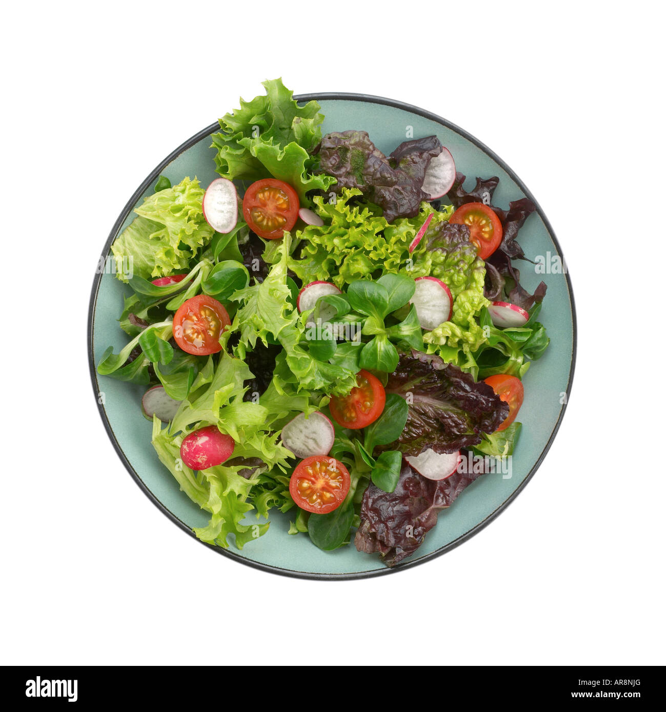 Foglie di insalata in ciotola con pomodoro e ravanello Foto Stock