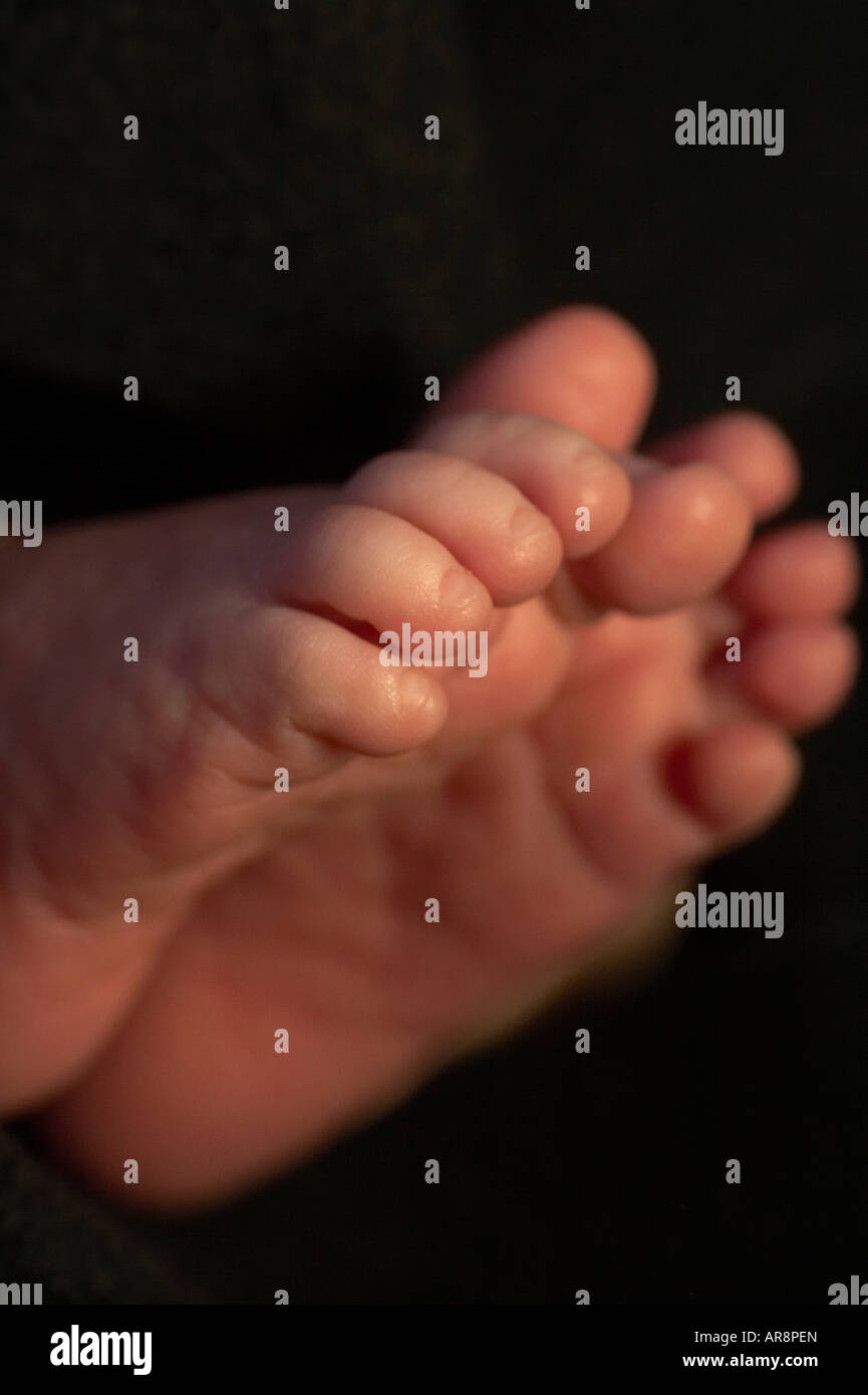 Piedi del bambino fino vicino che mostra i piedi e le dita dei piedi Foto Stock