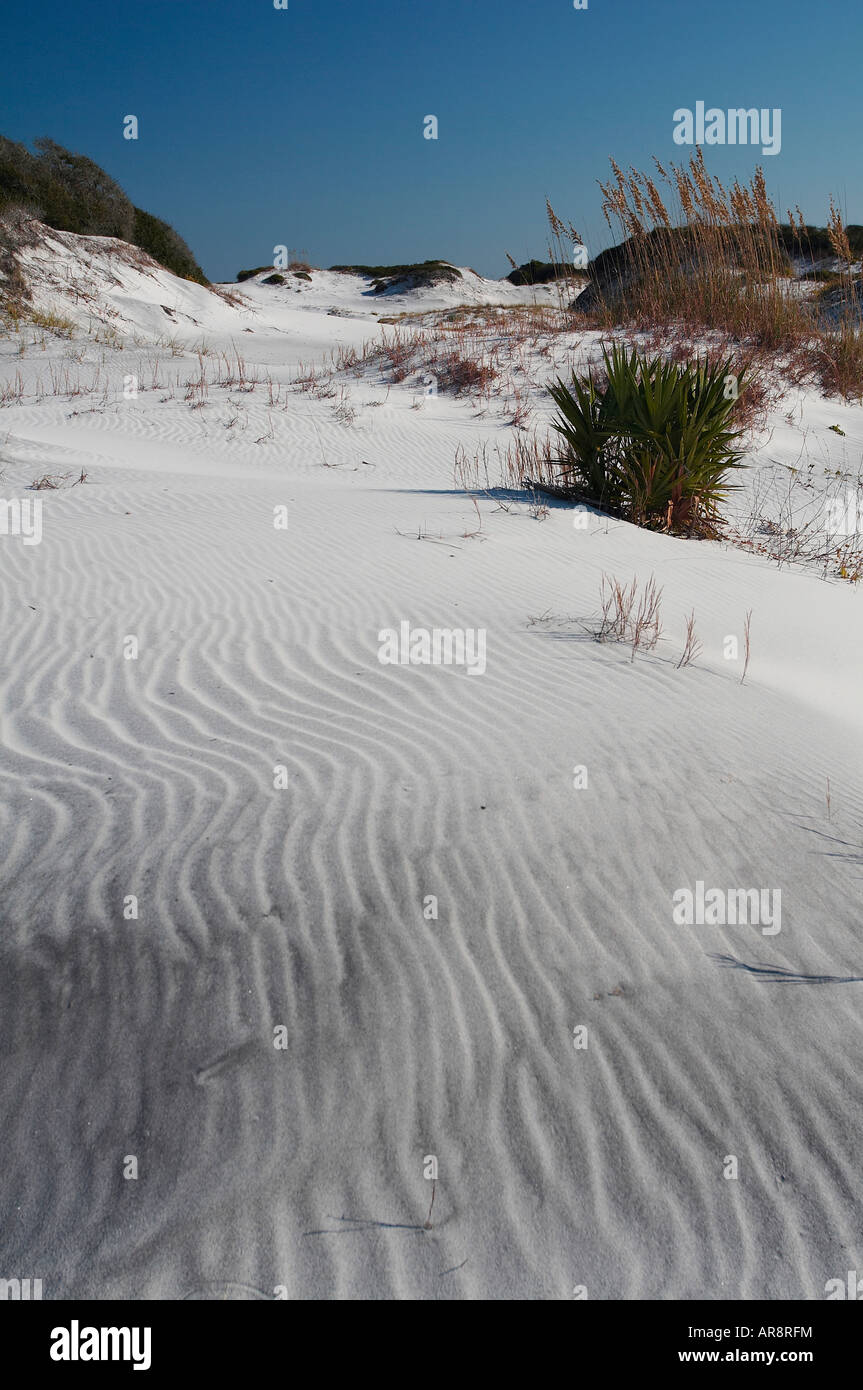 Le dune di sabbia bianca con erba colline coperte contro un cielo blu Foto Stock
