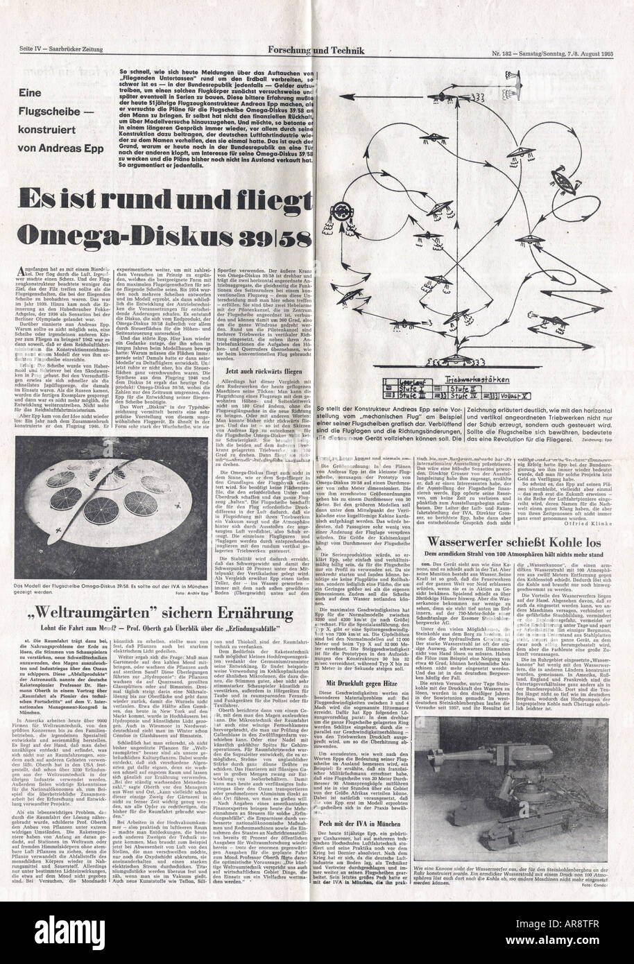 EPP, Joseph Andreas, 1914 - 1997, inventore tedesco, rapporto di giornale circa il suo disco volante 'Omega Diskus 39/58', Saarbrücker Zeitung, n. 182, 7.8.1965 / 8.8.1965, Foto Stock