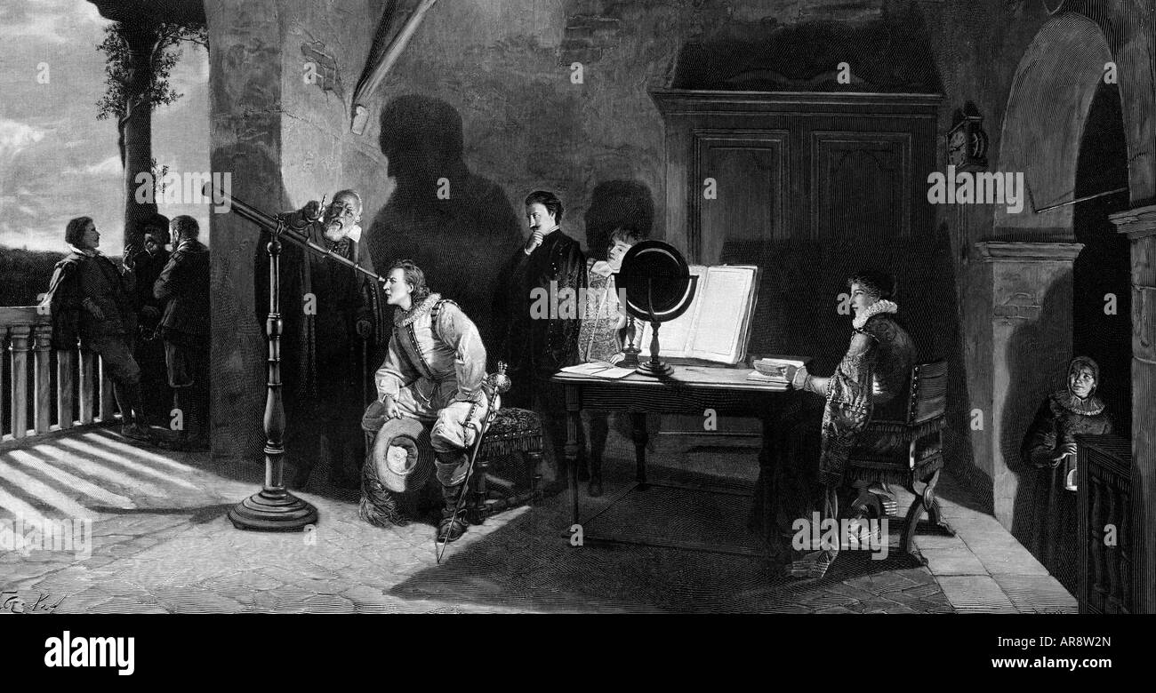 Galilei, Galileo, 15.2.1564 - 8.1.1642, fisico e filosofo italiano, a lunghezza intera, presso la corte fiorentina, incisione di Richard Bong, 19th secolo, Foto Stock