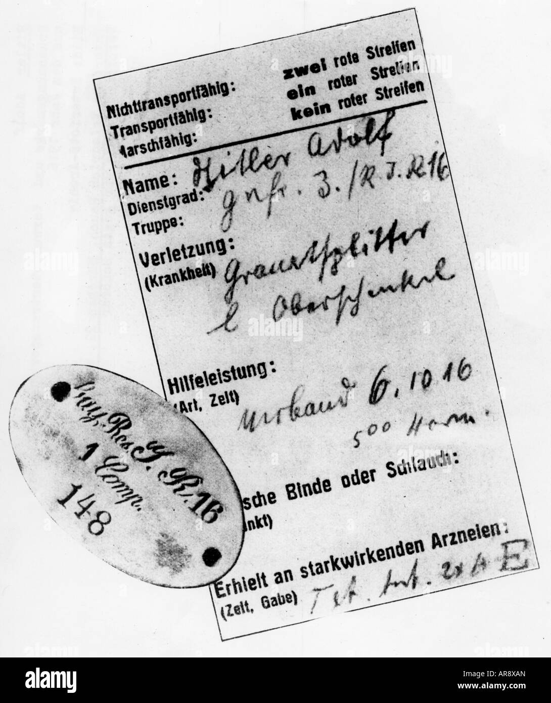 Hitler, Adolf, 20.4.1889 - 30.4.1945, politico tedesco (NSDAP), tag di identificazione e scheda di lotto dopo essere stato ferito, 6.10.1916, Foto Stock