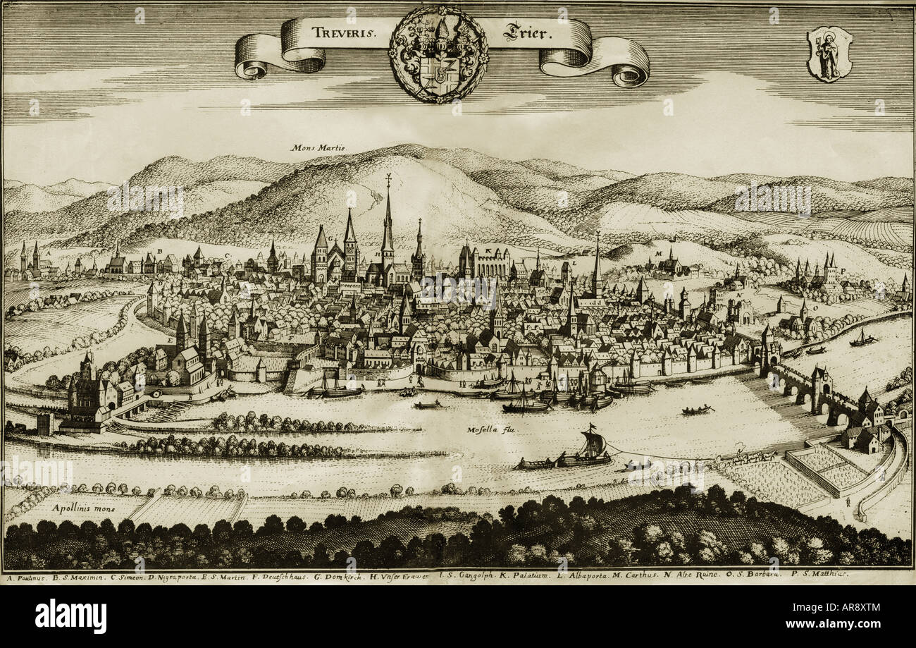 Geografia/travel, Germania, Treviri, visualizzare incisione su rame di Matthäus Merian, "Topographia" Germaniae", Mainz 1642 - 1654, , artista del diritto d'autore non deve essere cancellata Foto Stock