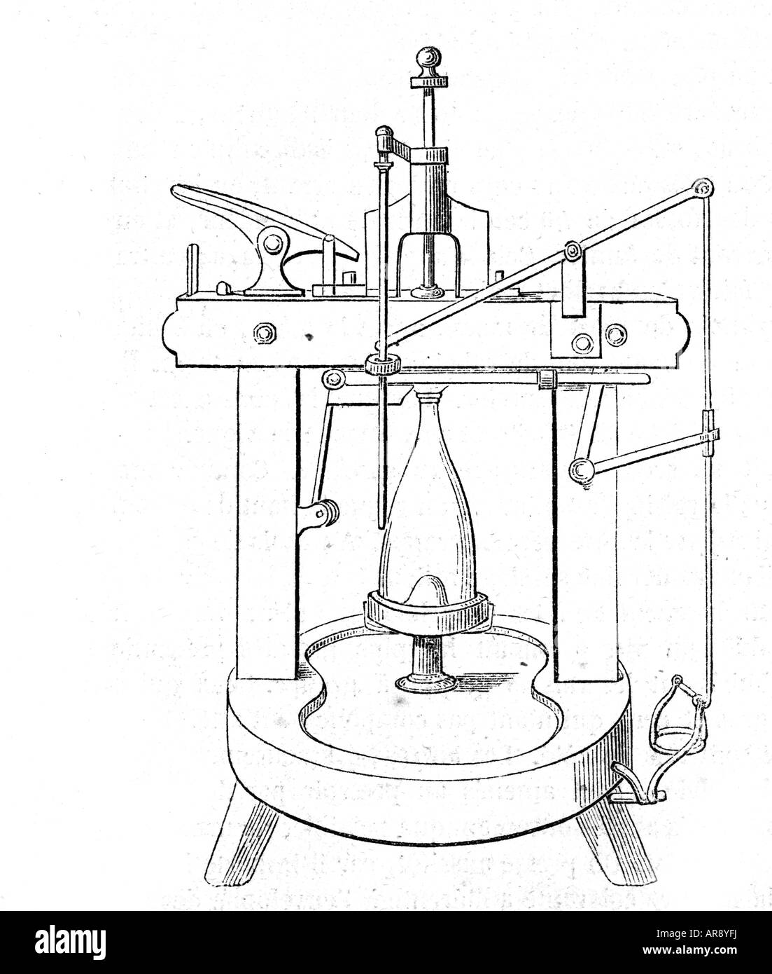 Alcol, vino, produzione, tappatura bottiglie di vino, tappatrice, sistema Maurice, incisione del legno, 1851, Foto Stock