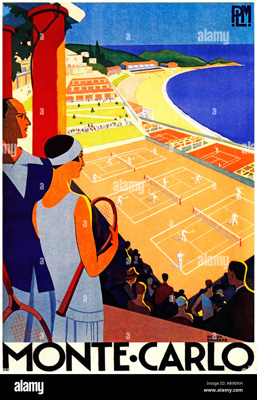 Poster classico Art Deco di Monte Carlo Tennis pubblicato dalla compagnia ferroviaria francese PLM per le attrazioni turistiche di Monaco e i suoi campi da tennis Foto Stock