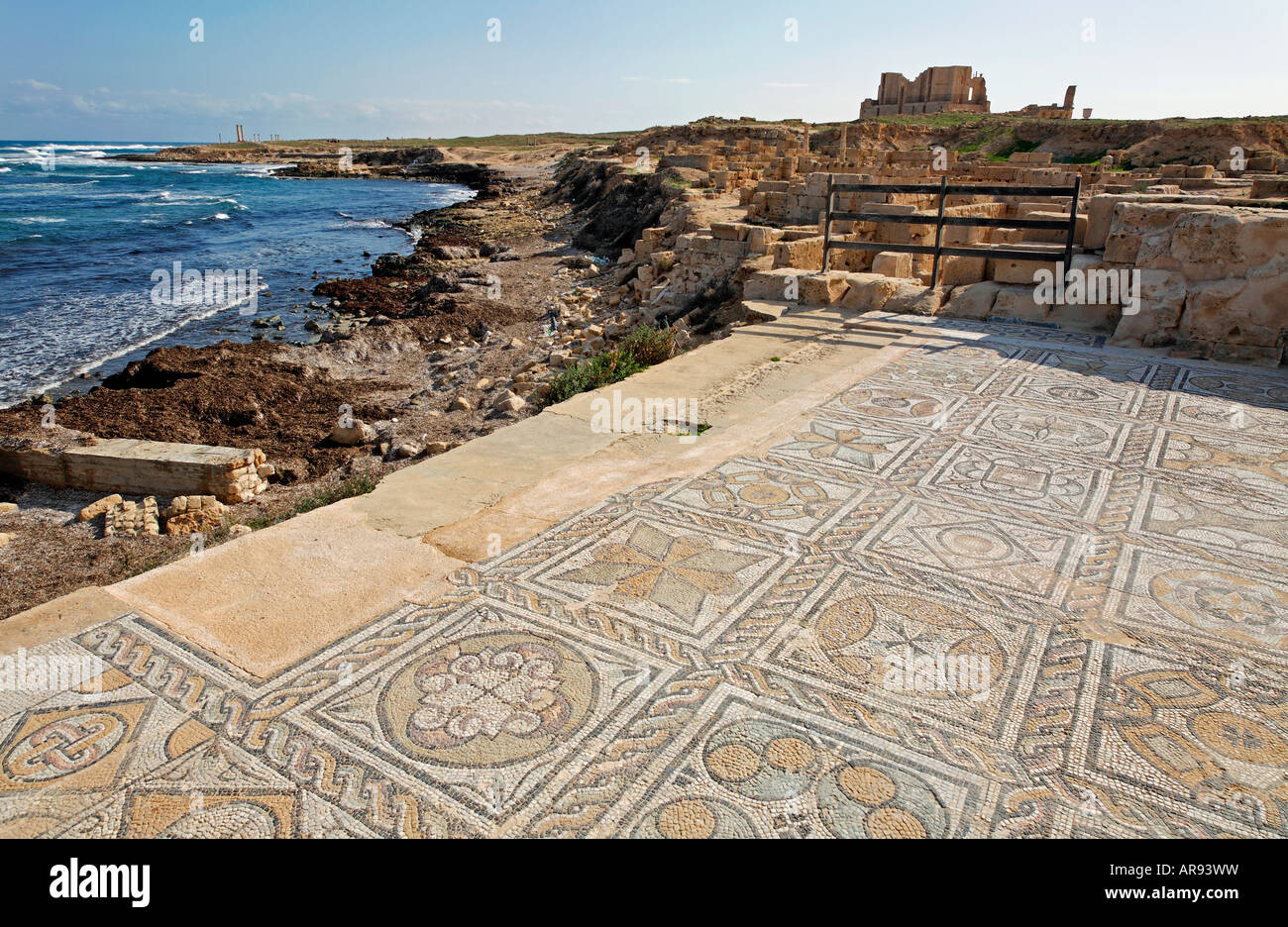 Piano geometrico mosaico di Bagni al largo Sabratha Libia Foto Stock