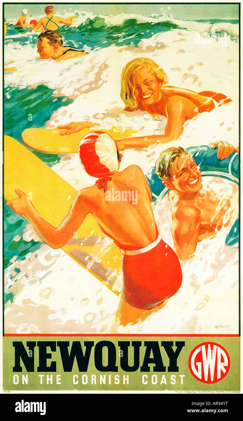 Newquay 1937 poster da Great Western Railway per pubblicizzare il North Cornish località balneare e il suo surf Foto Stock
