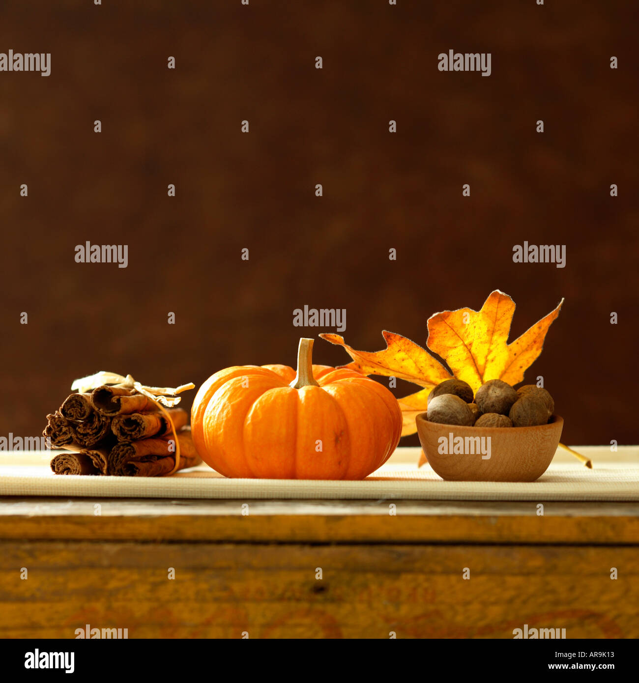 Rientrano ancora in vita con mini zucca, noce moscata e cannella spezie e Foglia di acero Foto Stock