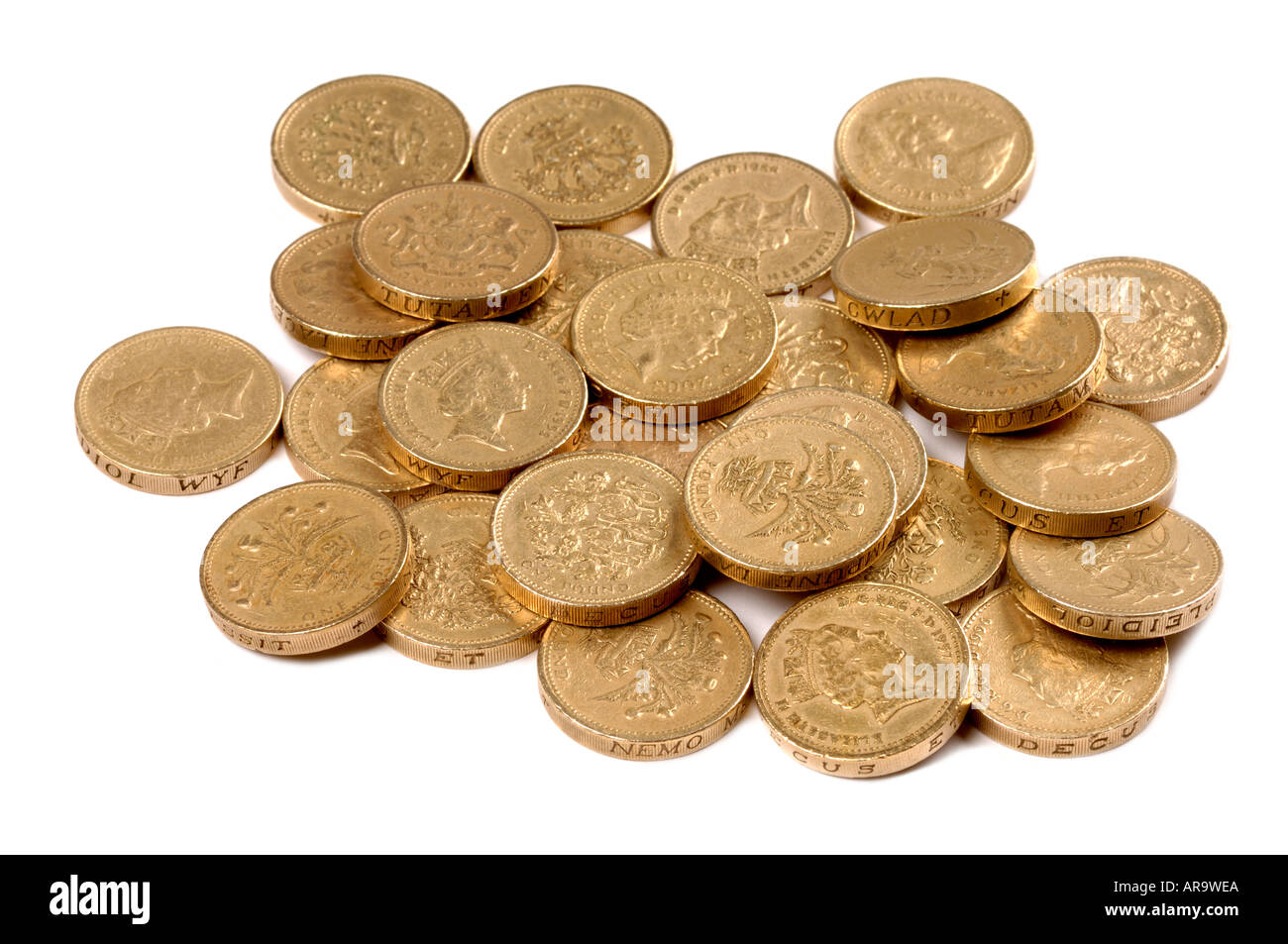 Pila di una libbra di monete Foto Stock