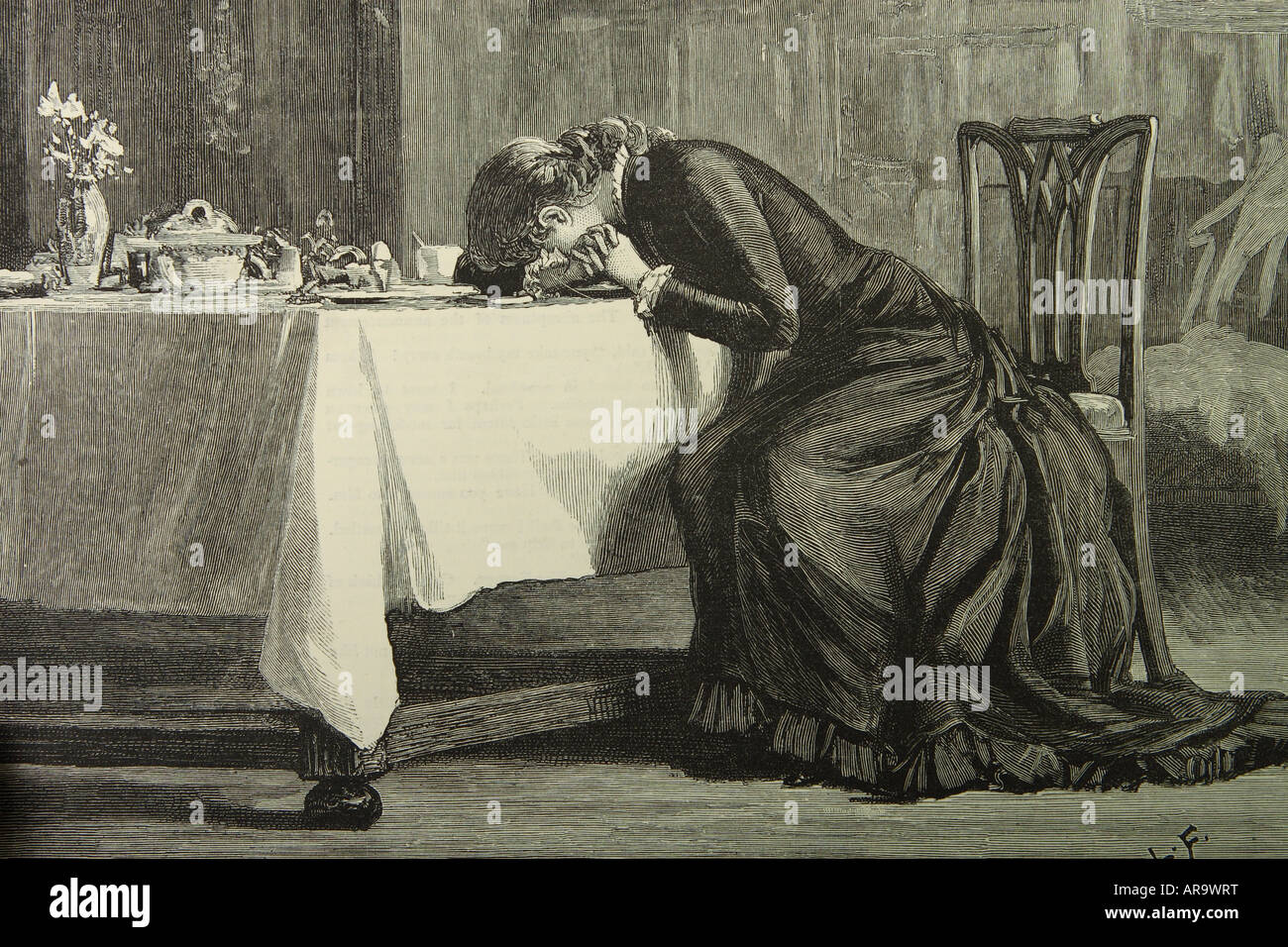 Victorian lady donna che piange cuore rotto al tavolo della colazione disegnato da Luke Fildes e pubblicato nel 1880 Foto Stock