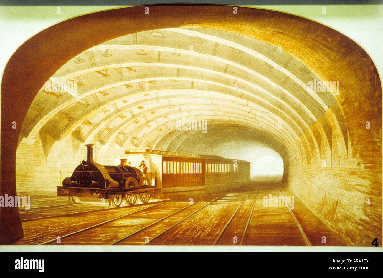 Museo dei Trasporti di Londra stampa storico inizio treno sotterraneo carrelli storia corsa tubo Inghilterra Inglese UK Foto Stock