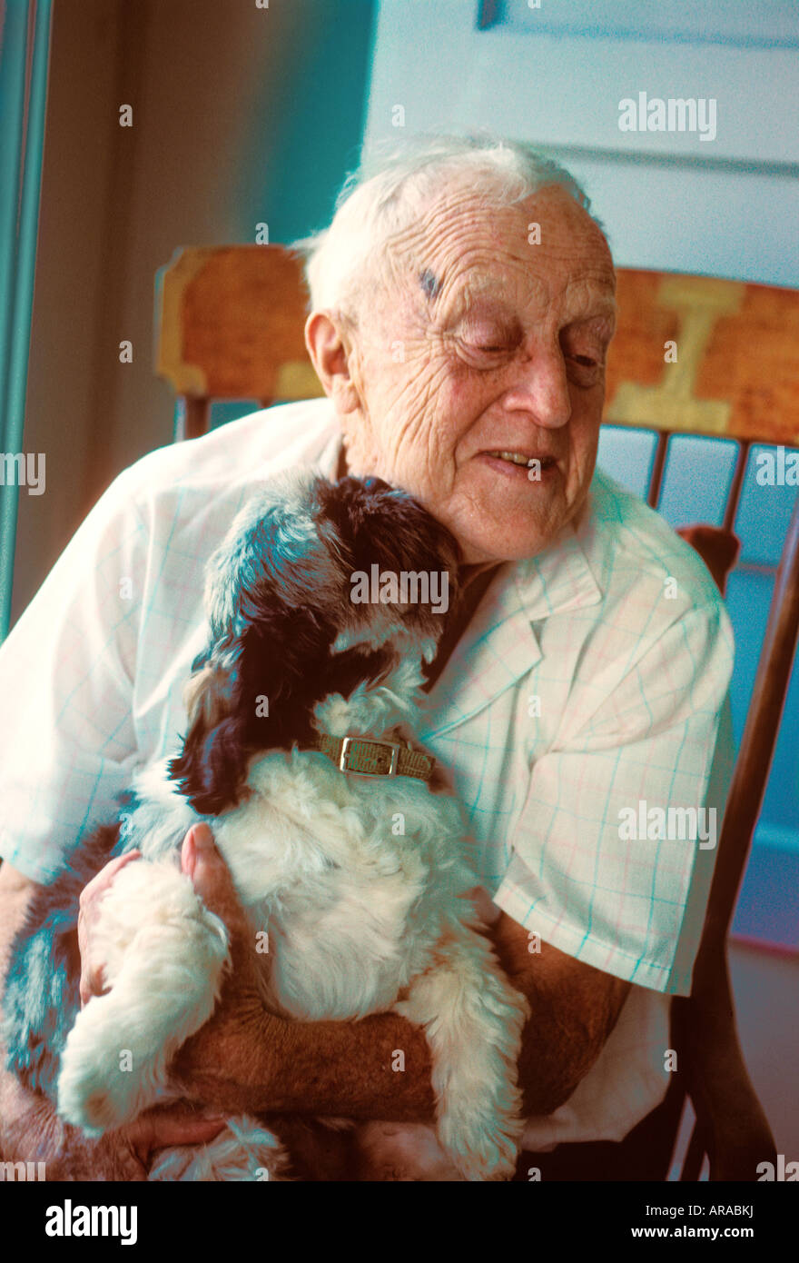 Senior citizen su sedia a dondolo con cane migliore amico Foto Stock