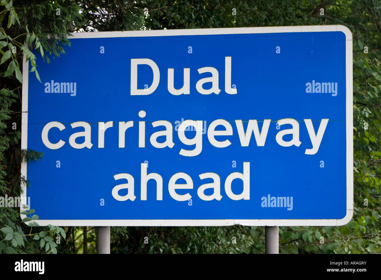 La strada a doppia carreggiata avanti cartello stradale Foto Stock