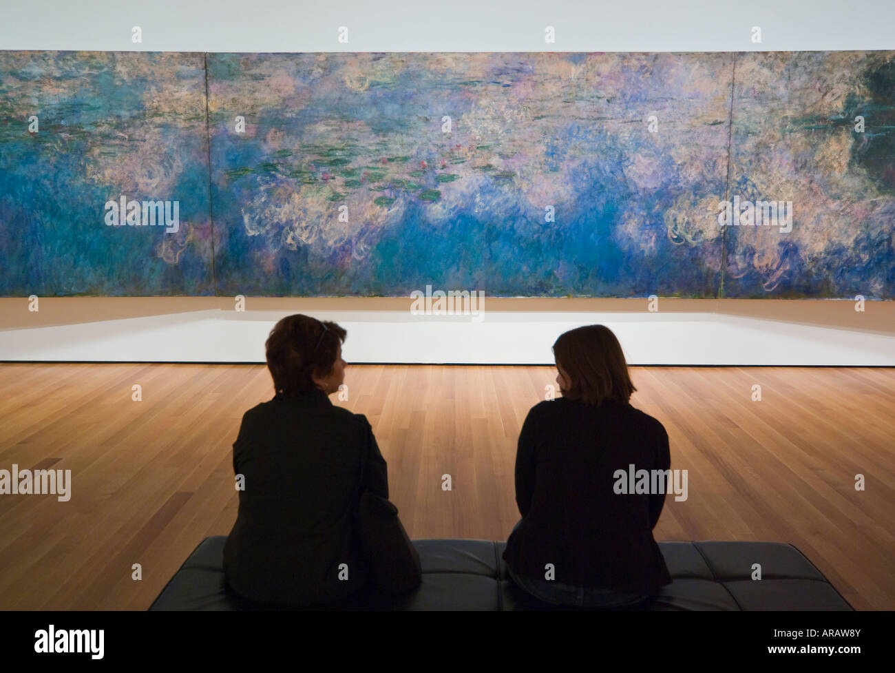 Gli spettatori nella parte anteriore delle Ninfee di Claude Monet, il Museo di Arte Moderna di New York Foto Stock