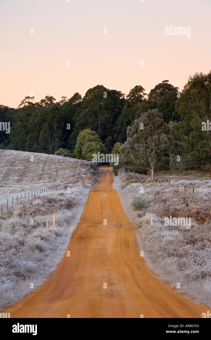 Strada sul gelido inverno mattina, Sesto Fiorentino, Nuovo Galles del Sud, Australia Foto Stock