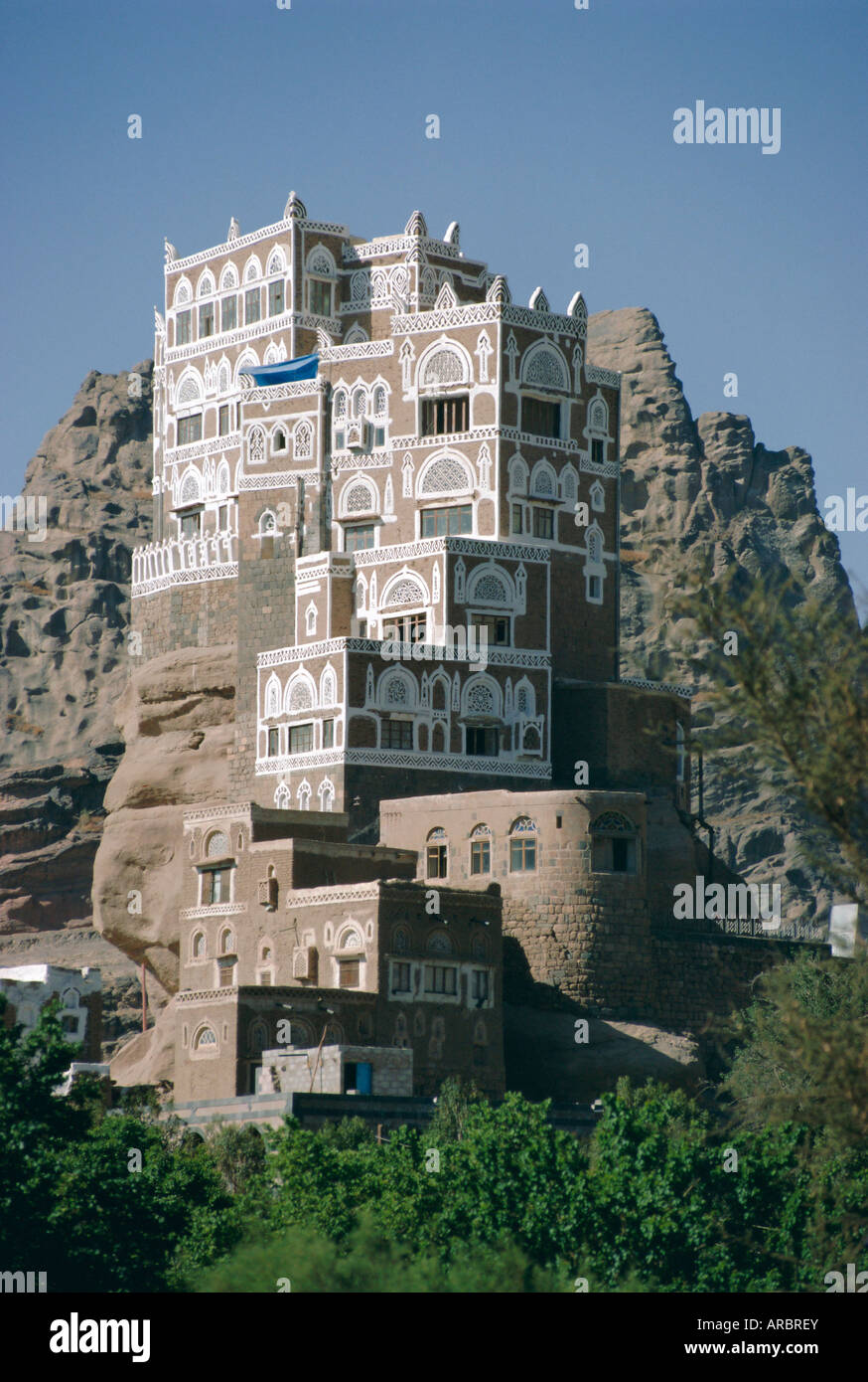 Il vecchio palazzo estivo di Imam Yahya, Dar Al Hayjar, Yemen, Medio Oriente Foto Stock