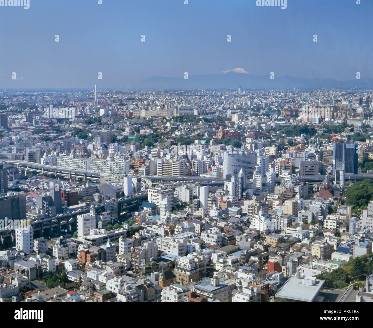 Skyline della città con il Monte Fuji in lontananza, Tokyo, Honshu, Giappone, Asia Foto Stock