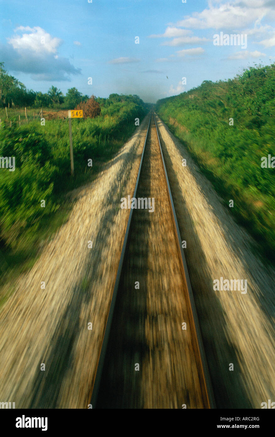 Singola linea ferroviaria visto dal treno a velocità Foto Stock