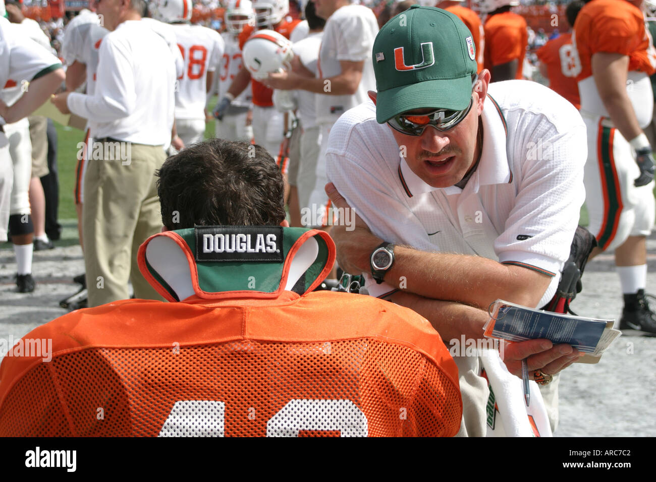 Miami Florida,Orange Bowl,tempo della University of Miami,Hurricanes,Canesfest,football universitario,sport,atleta,preseason scrimmage,fans,stadio,giocatori,coa Foto Stock