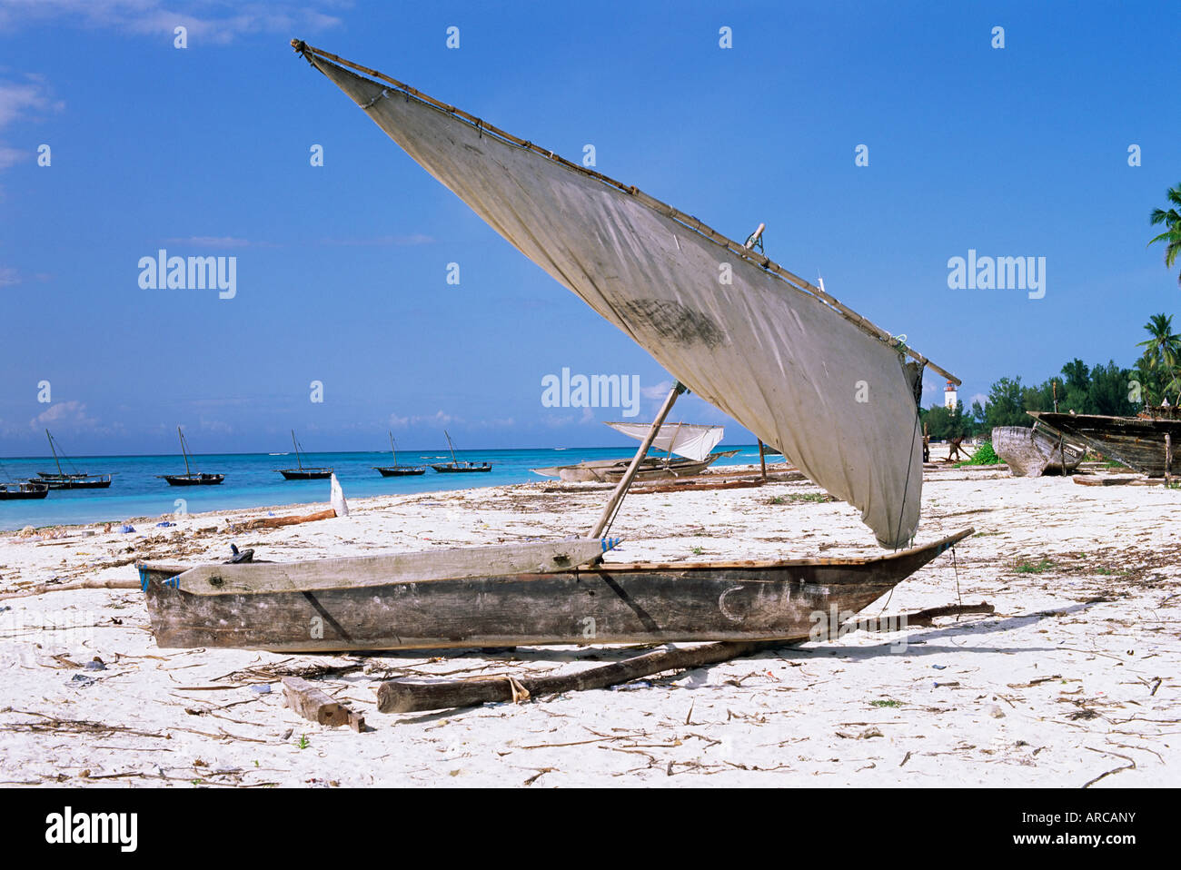 Dhow sulla spiaggia di Nungwi, isola di Zanzibar, Tanzania, Africa orientale, Africa Foto Stock