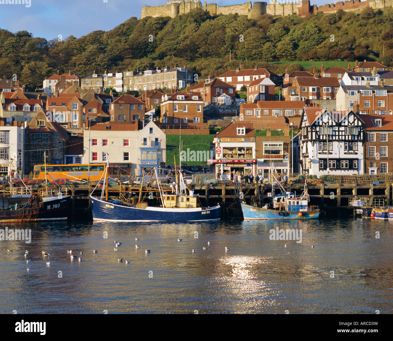 Porto, stazione balneare e castello, Scarborough, nello Yorkshire, Inghilterra, Regno Unito, Europa Foto Stock