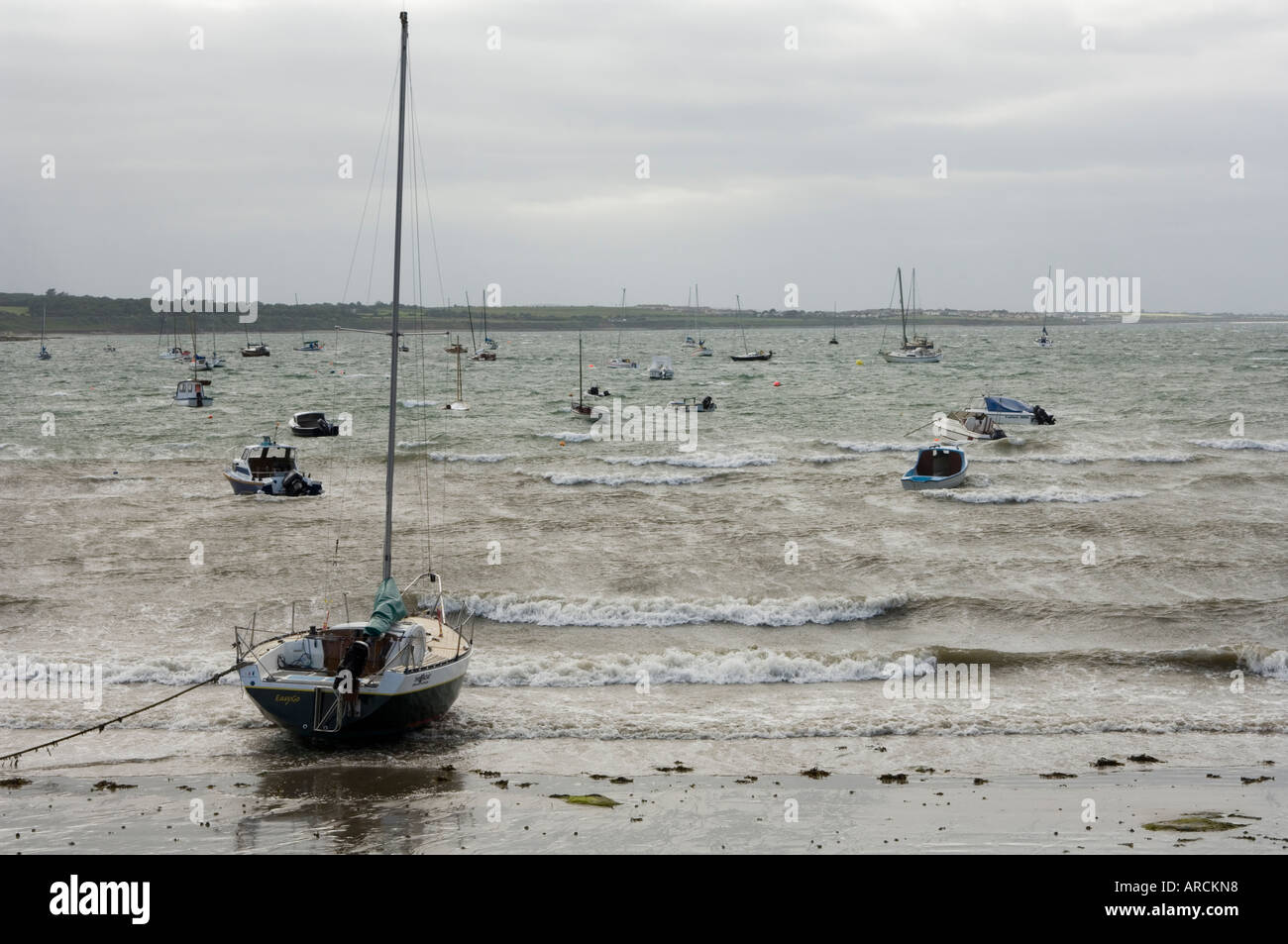 Yachts in sella alle loro ormeggi in fiacchi condizioni meteorologiche a Skerries contea di Dublino Irlanda Foto Stock