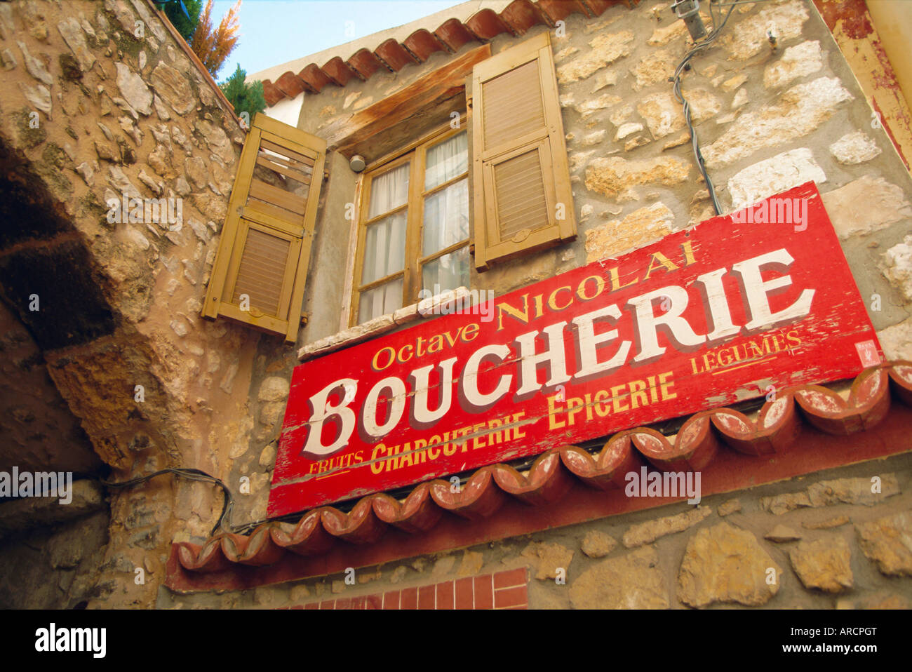 Macelleria segno, Sant'Agnese, Cote d'Azur, Provence, Francia Foto Stock