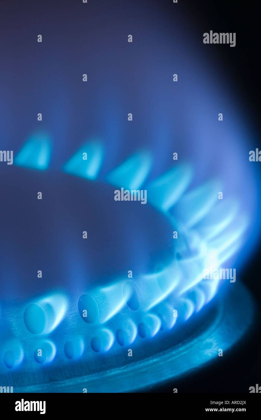 Blue Flames di un fornello a gas nel buio Foto Stock