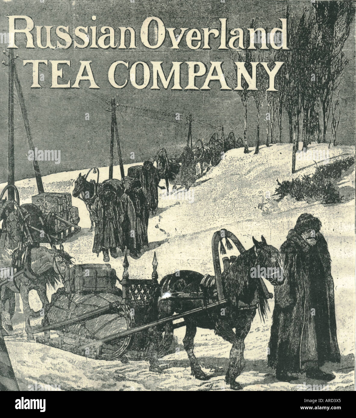 Pubblicità per la compagnia di tè russa Overland intorno al 1895 che mostra i commercianti che camminano con le slitte attraverso la neve attraverso le steppe Foto Stock