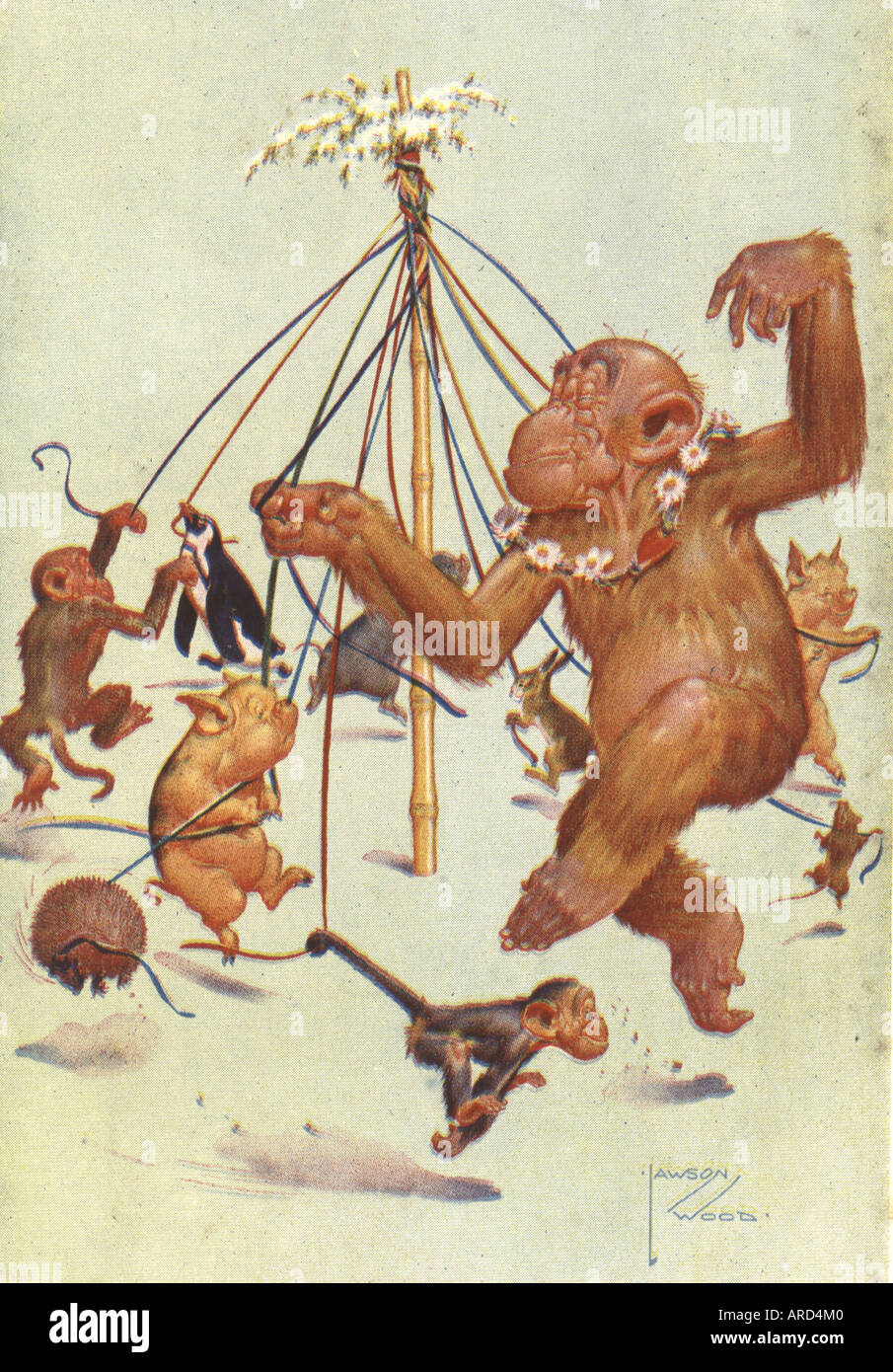 Fumetto immagini da cartolina di ballare tutto il maypole dall artista Lawson legno circa 1935 Foto Stock