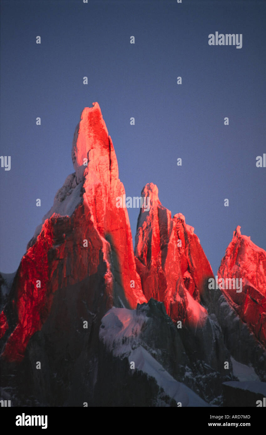 Alpenglow sul Cerro Torre, Parque Nacional Los Glaciares, Patagonia, Argentina. Foto Stock