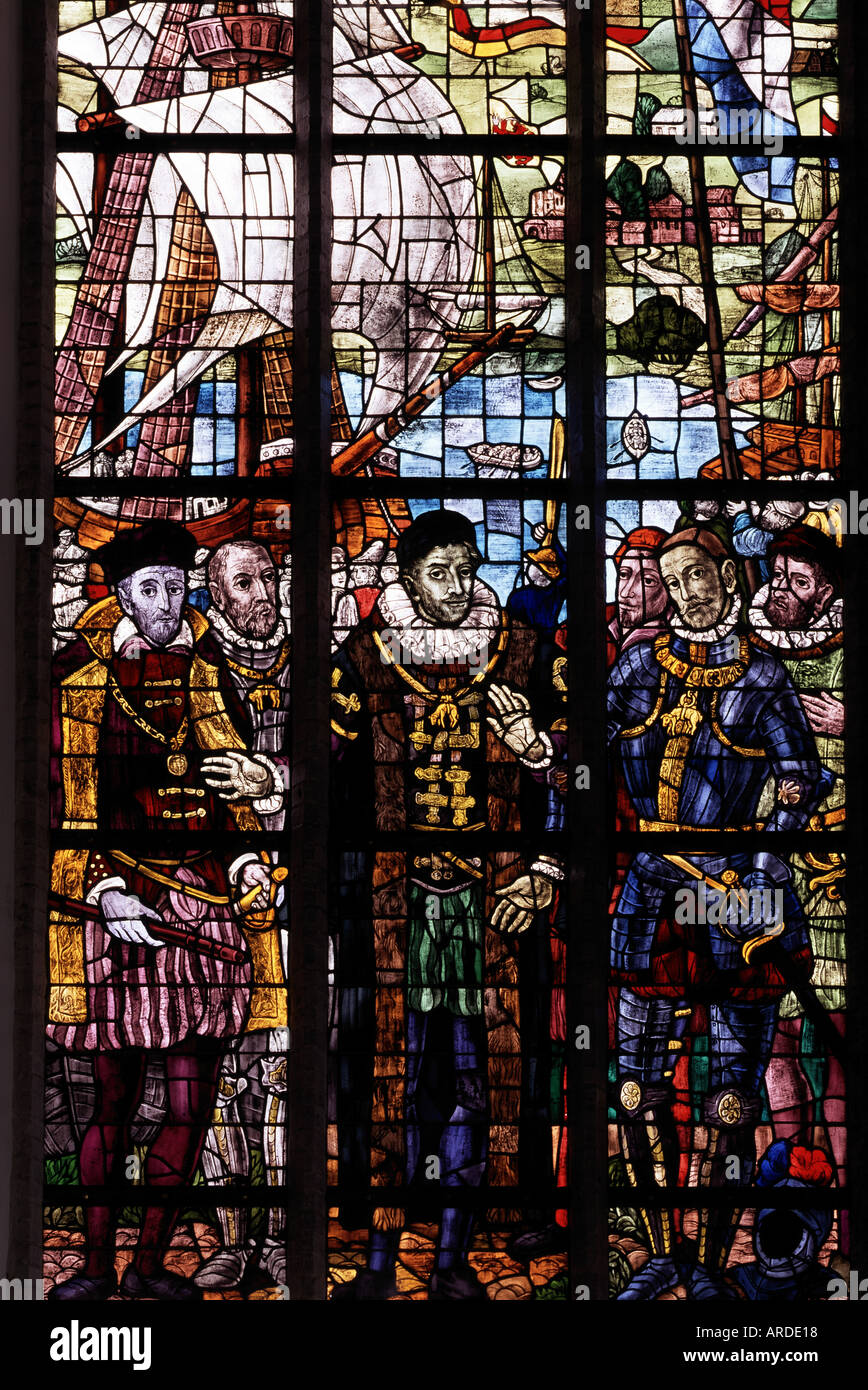 Delft, Oude Kerk Glasfenster mit Darstellung Wilhelm von Oranien Foto Stock